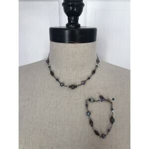 Silver Gemstone Pearl Beaded 15" Necklace Bracelet Set